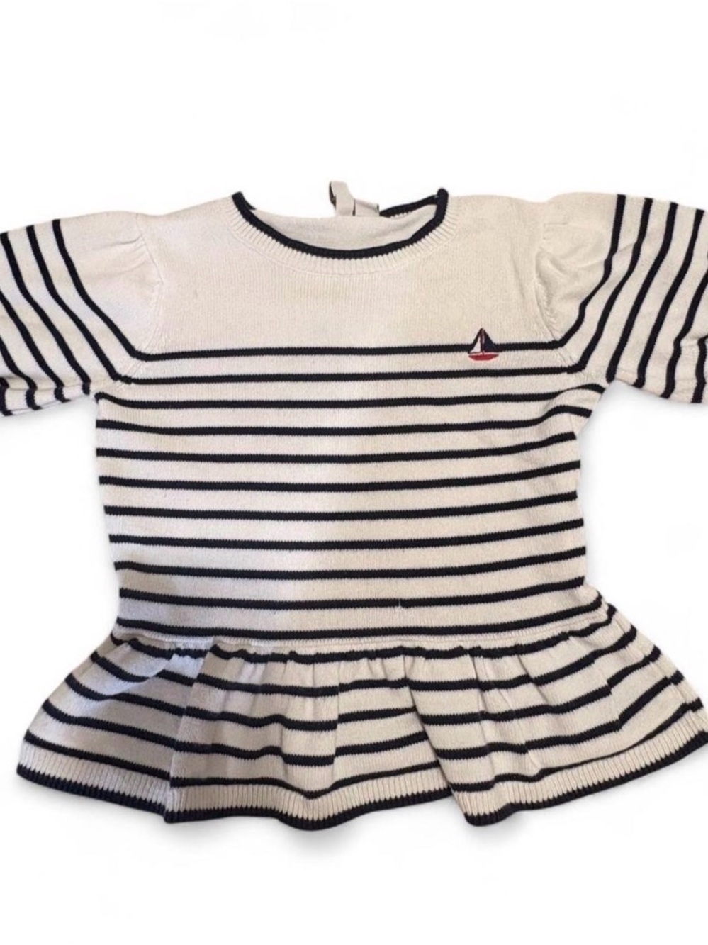 Janie and Jack Cream and Navy Striped Peplum Sweater with Sailboat size 7T